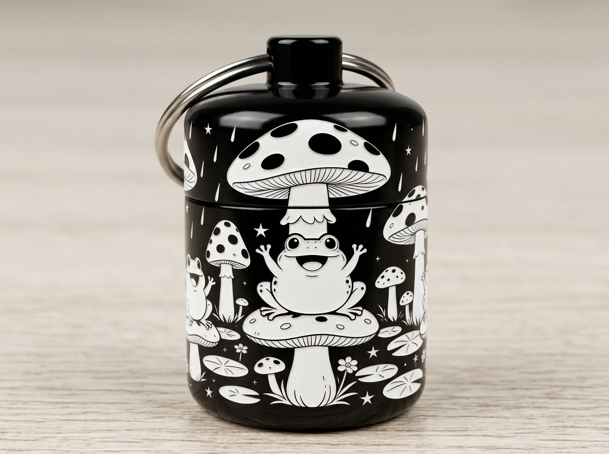 FestivalEarPro's tweet photo. Frogs on Shrooms. Engraved with a laser, not printed, so it does not chip, peel or wear off in a pocket. $29.95. #FestivalEarPro #RailRiderz #FestivalEarplugs https://t.co/0h5yMevOm1