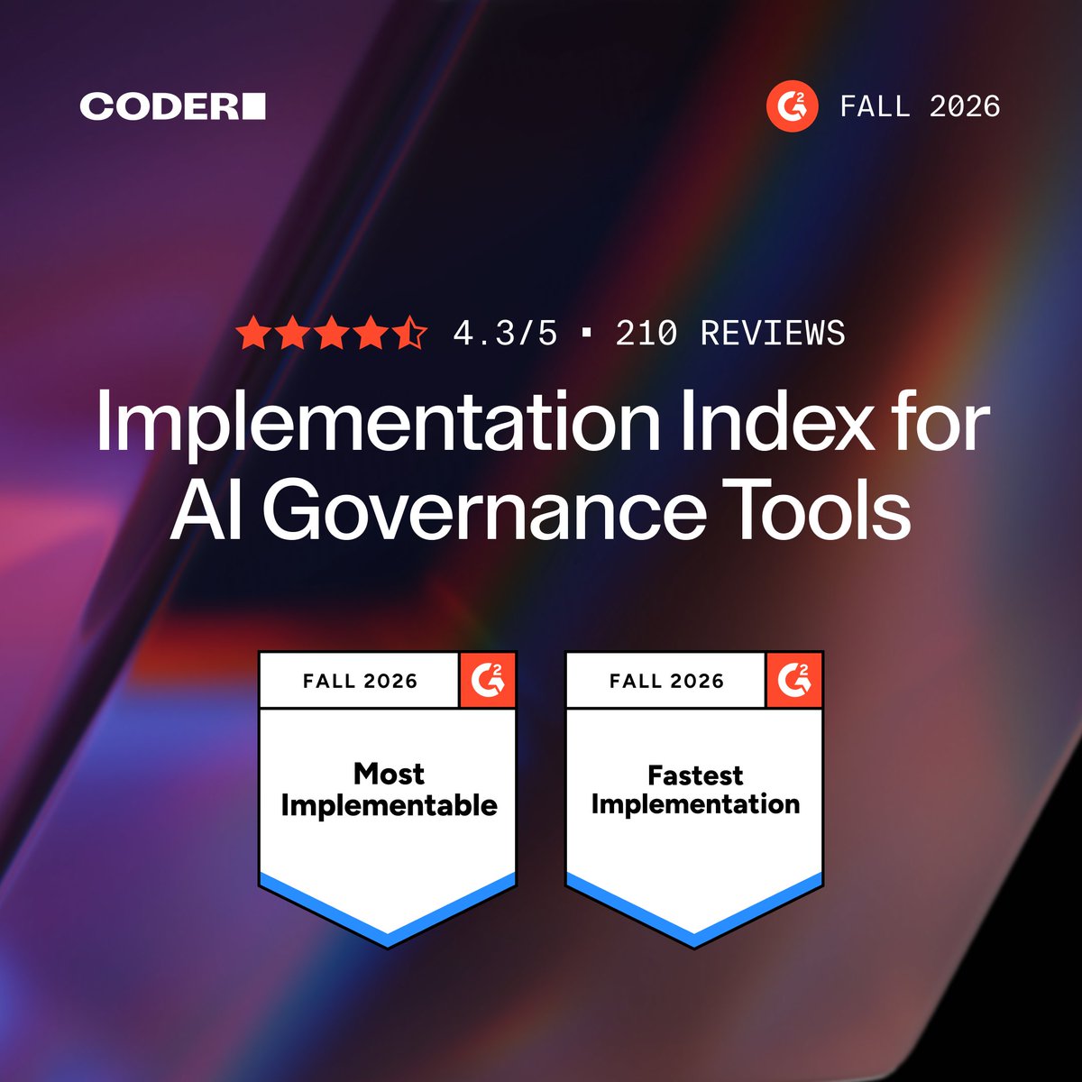 coderhq's tweet photo. Coder is on G2's Implementation Index for AI Governance Tools, Fall 2026. A reviewer's onboarding story: five engineers, prebuilt workspaces, pushing code before lunch on day one.
https://t.co/BZvO6UfFqM https://t.co/LvL7kJehwy