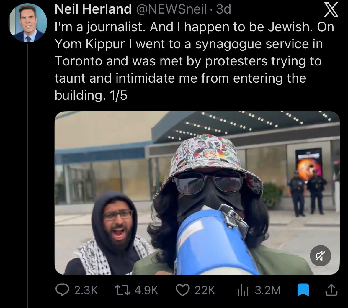 HenMazzig's tweet photo. Neil Herland, an award-winning veteran journalist at CBC, has been pulled off the air and received disciplinary action. 

This comes after he filmed a protest taking place outside a Jewish synagogue during Yom Kippur services. 

Neil, who is Jewish, posted it to social media. Shortly after, he was quietly removed from the air by CBC.

Simply documenting a story, while sharing his own personal history as a Jew, Neil was reprimanded. 

He wasn't spinning any story; he was reporting on it. The news org he works for wouldn't have that.
