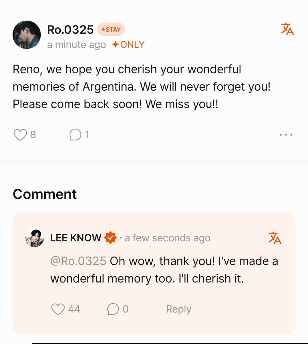 iB0RNFREAK's tweet photo. "Lee Know, espero que tengas lindos recuerdos de Argentina. Nunca te olvidaremos, por favor volvé pronto. Te extrañamos"

🐰: Oh, wow, gracias! también tengo muchos lindos recuerdos, los atesoraré.

HABLÓ DE ARGENTINA MINHO HABLÓ DE ARGENTINA https://t.co/zu14po2JyL