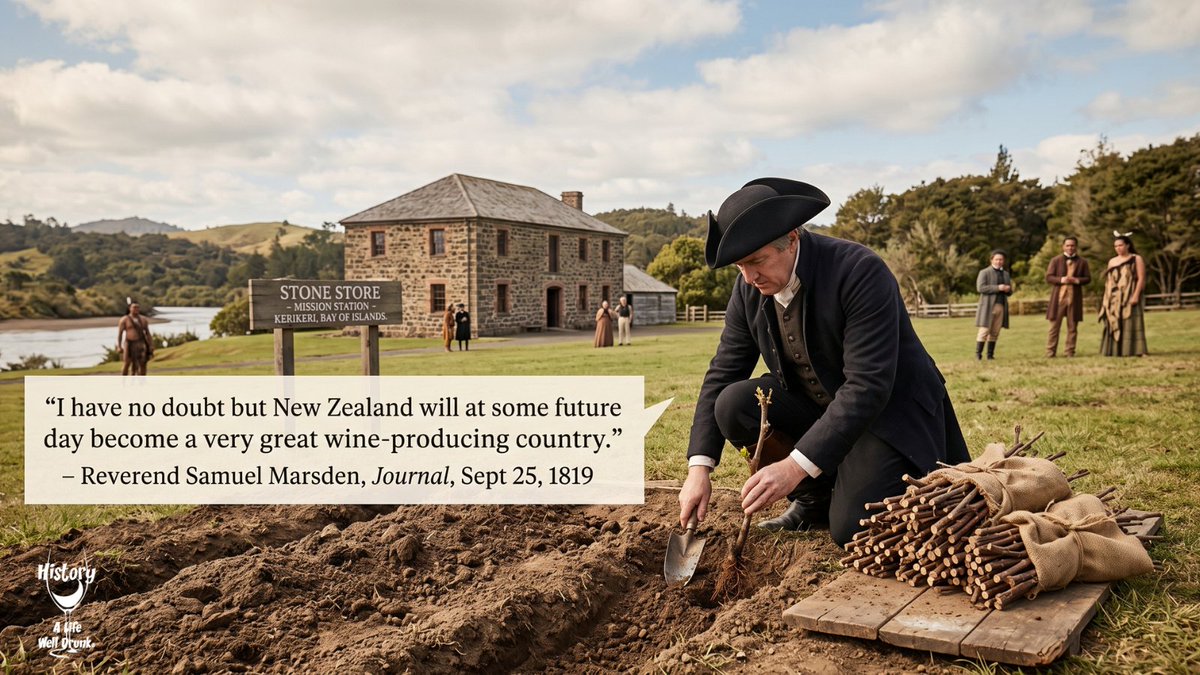 ALifeWellDrunk's tweet photo. September 25, 1819: Reverend Marsden planted 100 grapevines at Kerikeri, starting New Zealand's viticulture. #WineHistory #WineEducation #NewZealand https://t.co/l7FSK9BWws