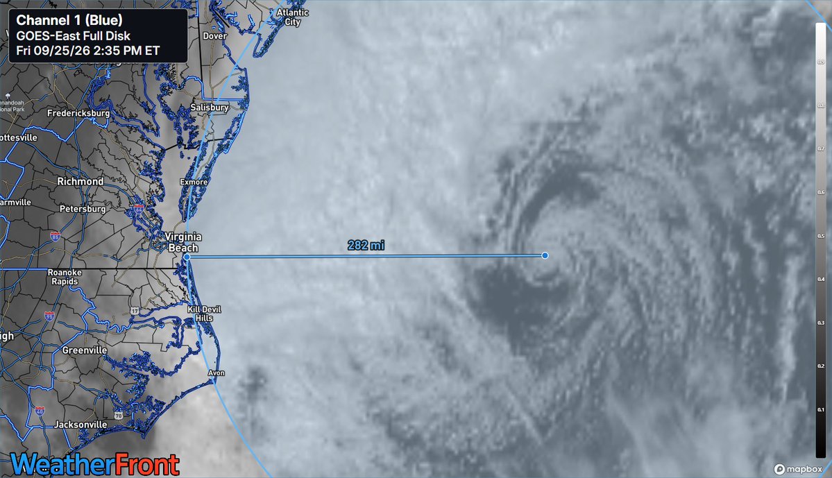 YinzerBBR02's tweet photo. The "eye" of this #noreaster (that is headed for #NYC and #Boston) is currently about 282 miles east of #Sandbridge VA (Southern #VirginiaBeach) [according to @WxFront ).

#NCwx #VAwx #NYwx #MAwx #wxtwitter #Wx https://t.co/UC59JH5WxN