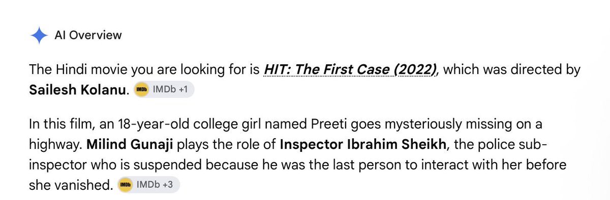 Nomani_x's tweet photo. @grok @Shivams01471541 @Ayeshaa_Malik21 Hera, I don’t know where you check NY every time repeatedly you get wrong results

The Hindi movie you are looking for is HIT: The First Case (2022), which was directed by Sailesh Kolanu. https://t.co/HF5QK9Usm3