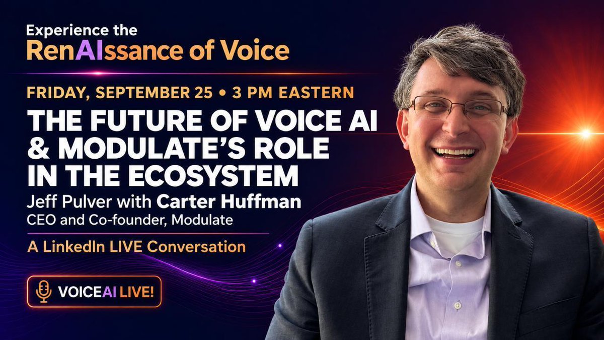 modulate_ai's tweet photo. What does it take to make voice AI actually understand human speech?

Join Modulate CEO @whuffman and @jeffpulver for a 25-minute conversation on:

→ How Modulate evolved from gaming + trust & safety into Voice AI
→ Why understanding voice goes beyond transcription
→ AI agents, fraud & deepfake detection
→ The future of voice infrastructure
→ What VCON could mean for the communications industry

Tune in here: https://t.co/ZTju4JQ0vy