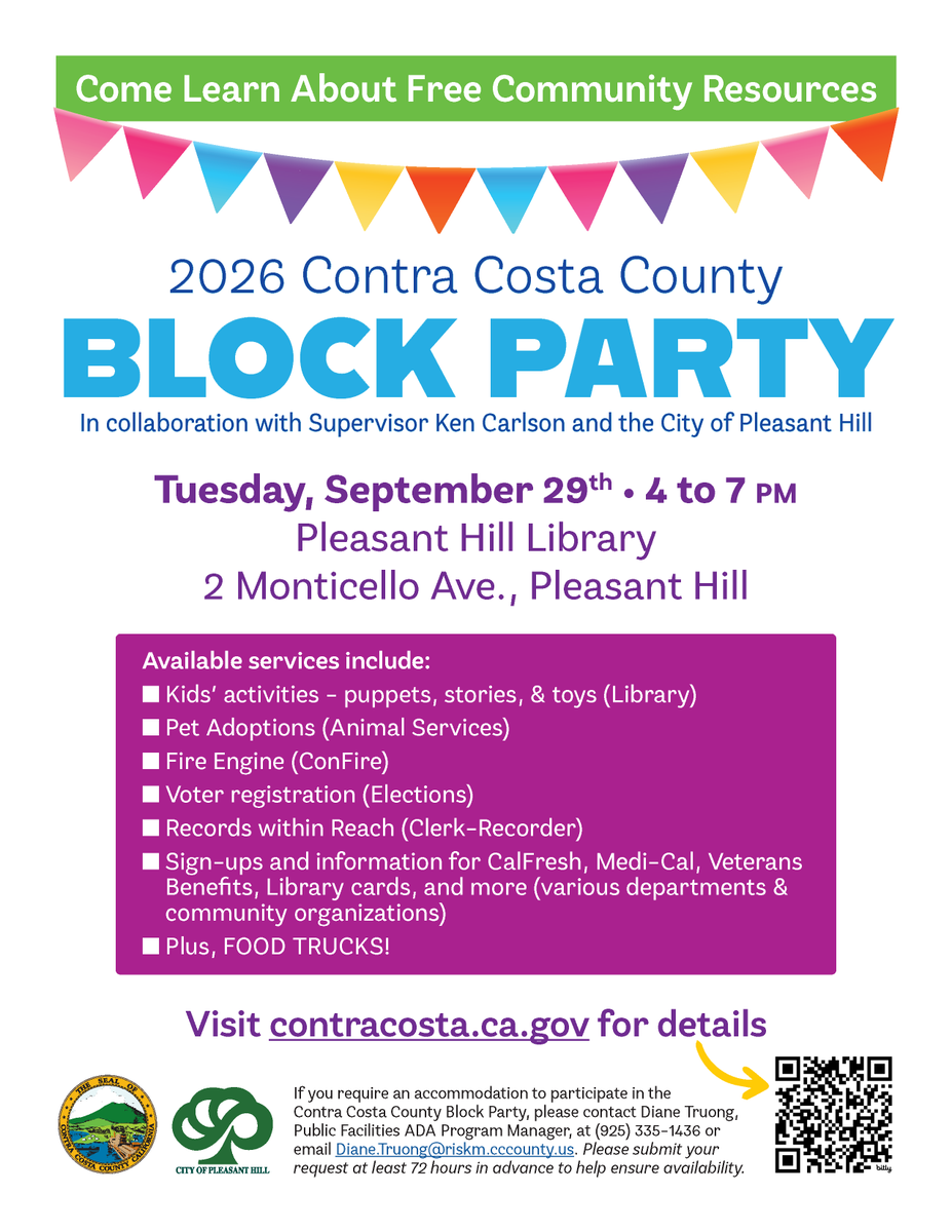 CoCoSchools's tweet photo. Help spread the word about the 2026 Contra Costa County Block Party! Join us Sept 29, 4-7pm at Pleasant Hill Library for free resources, fun activities, and community connections. #ContraCostaCounty #PleasantHill #CommunityResources #CCCOE https://t.co/FhlKDP3PVV