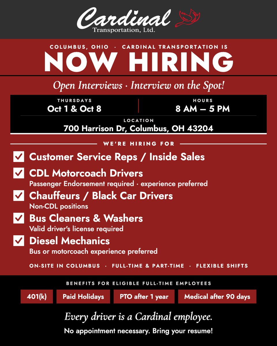 CardinalTrans's tweet photo. Now hiring in Columbus! 

Cardinal Transportation is holding open interviews right here at our Columbus facility, and you can interview on the spot. No appointment needed; just bring your resume!

#ColumbusJobs #ColumbusOhio #CDLJobs #DieselMechanic #ChauffeurJobs https://t.co/sDYO6Bcjhi
