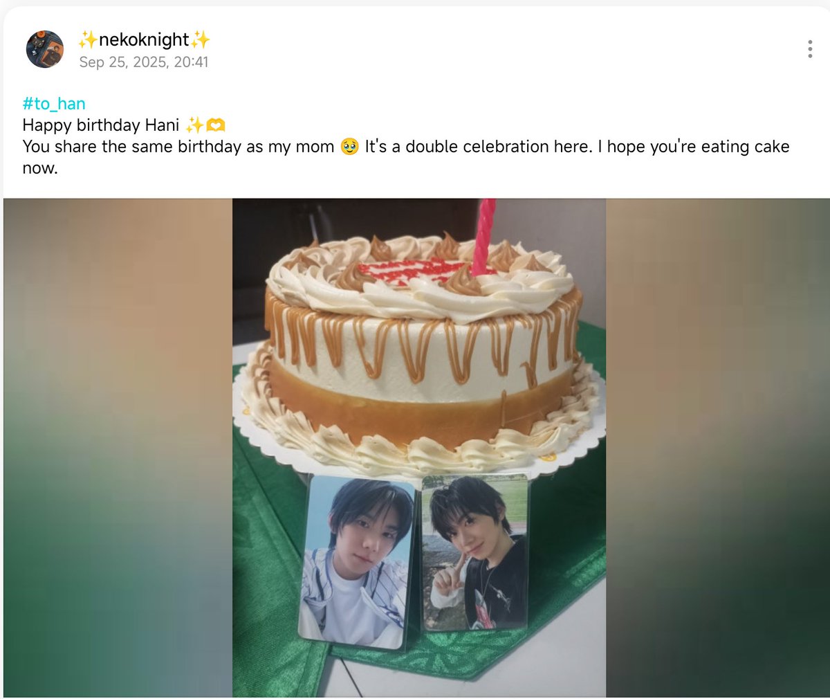 hollyknight09's tweet photo. 20260925
I think this would be happening every year. What are the odds of my mom and my bias sharing a birthday 🥹

Last year, i only have pcs i can put beside the cake, but this year I have Hannyangi 🐈‍⬛

HAPPY HANMAZING BIRTHDAY #AChapterCalledParkHan 
#대박한생일
#AHOF #박한 https://t.co/gWuiJsqDjP