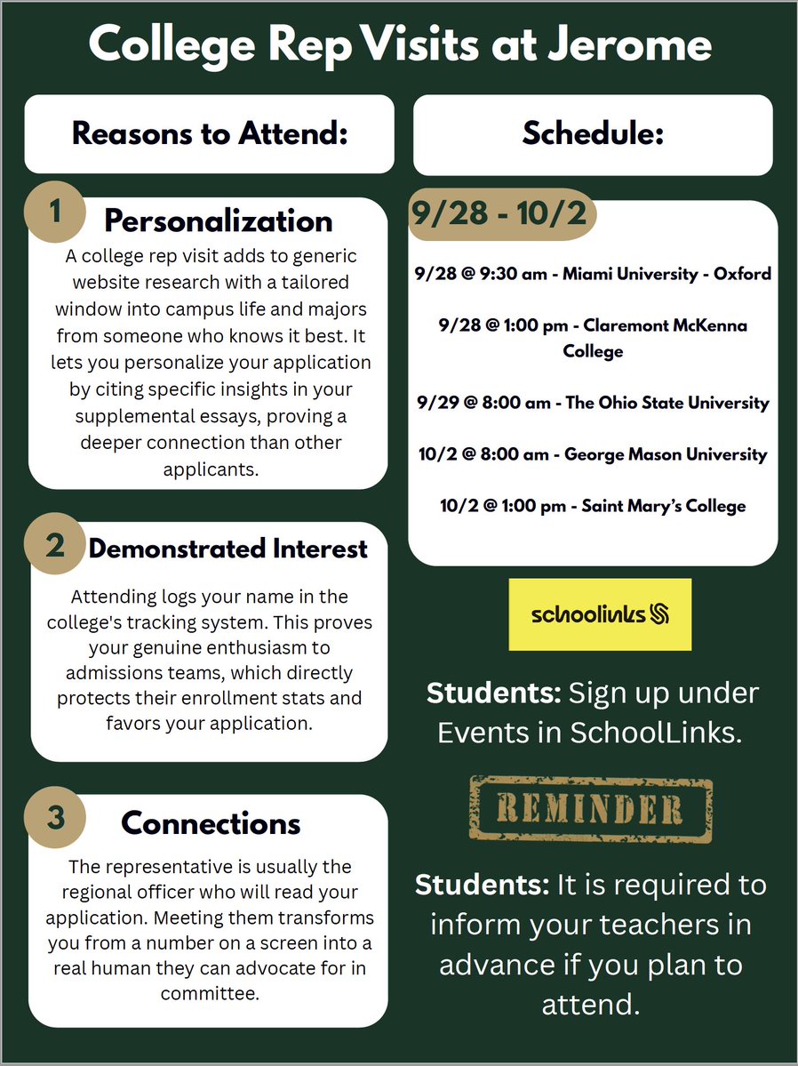 DJHSguidance's tweet photo. College Rep Visits at Jerome: Week of 9/28 - 10/2
@dublinjeromehs students Log in to your SchooLinks account to sign up! https://t.co/wyfxFLJFjW