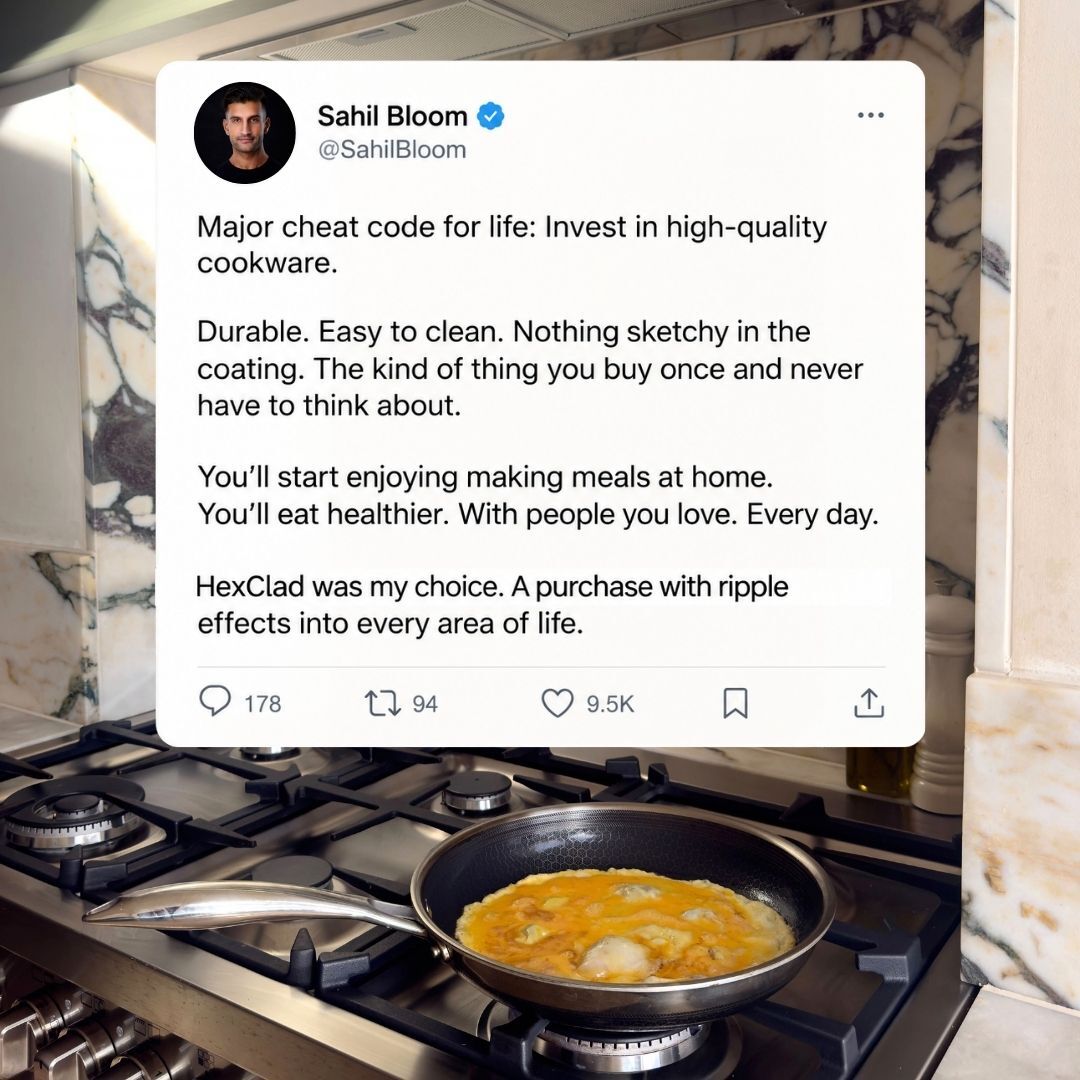 hexclad's tweet photo. HexClad's hybrid cookware combines the best parts of stainless steel, cast iron, and nonstick into the most durable, high-performing cookware on the planet.