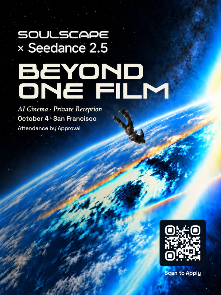 soulscapefilm's tweet photo. Good stories go beyond one film.

SF Tech Week Kickoff | Soulscape × Seedance 2.5 Private Reception · Oct 4

Soulscape × Seedance brings together filmmakers, AI builders, 3× Emmy winner Bernie Su & Pixar veteran Mark Holmes.

Join us for a private reception—and Soulscape’s next chapter.
Apply: https://t.co/167qxbyNUJ