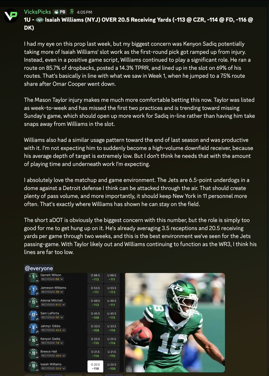 PropBomb's tweet photo. 1u - Isaiah Williams (NYJ) O20.5 RecYds (-113 @ CZR)

Free play from @VicksPicksHQ. Just want to show everyone how much knowledge this man has.

Analysis below. ⤵️ https://t.co/bxnLmYA1c1