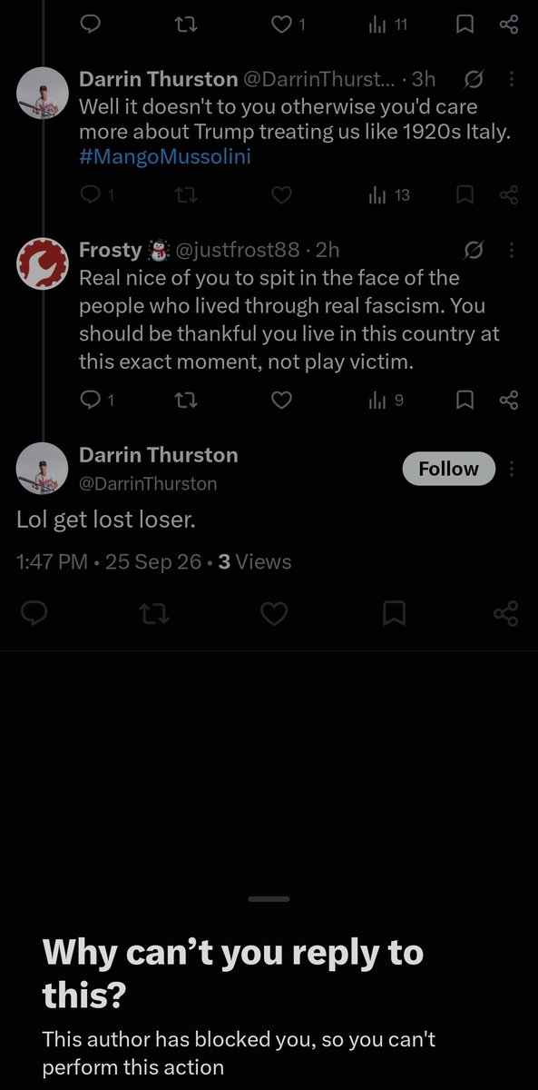 justfrost88's tweet photo. @DarrinThurston @ChadHartmanShow Of course he resorts to name calling and blocks me. Typical lib! https://t.co/A6ROIlTvnr