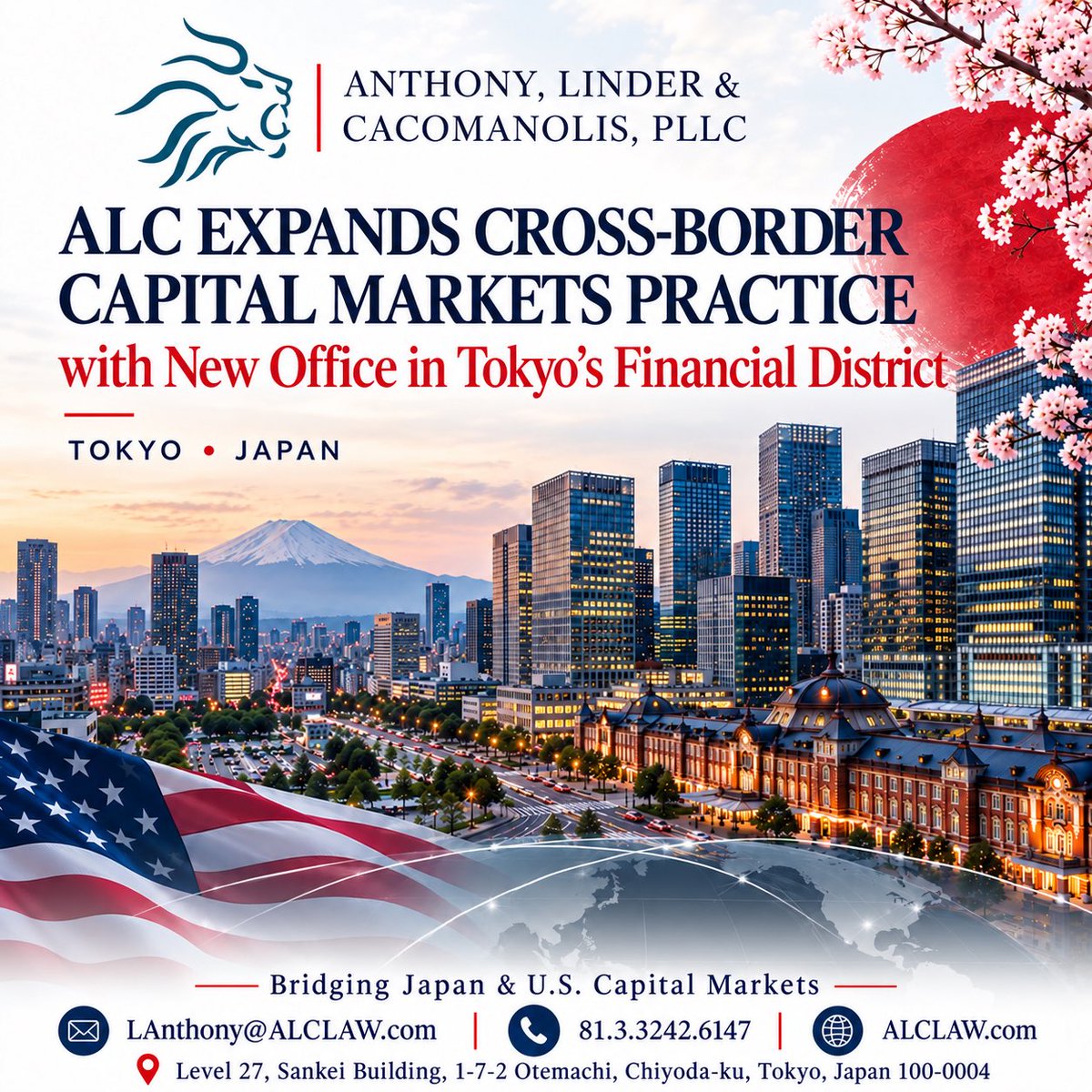 LauraAnthonyEsq's tweet photo. We at #TeamALC are proud to announce that Anthony, Linder & Cacomanolis, PLLC Expands Cross-Border Capital Markets Practice with New Office in Tokyo's Financial District!
Level 27, Tokyo
Sankei Building, 1-7-2
Otemachi, Chiyoda-ku
Tokyo, Japan 100-0004
81.3.3242.6147 #TeamALC https://t.co/vITzUbdEeG