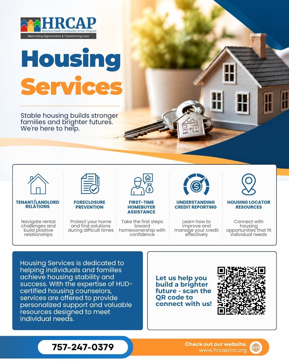 RoadsAction's tweet photo. Finding stable housing or taking the next step toward homeownership doesn’t have to be done alone. 🏠

📞 Call 757-247-0379
🌐 Visit https://t.co/UhEl8eeeeg
📲 Scan the QR code to connect with us.

#HRCAP #HousingServices #HousingSupport #Homeownership https://t.co/0tsrVI0WUF