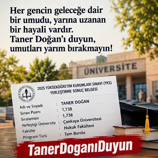 AhmetTatar77's tweet photo. Her gencin geleceğe dair bir umudu,
 yarına uzanan bir hayali vardır.
 Taner Doğan’ı duyun, 
umutları yarım bırakmayın! https://t.co/RzvN1A9JGW