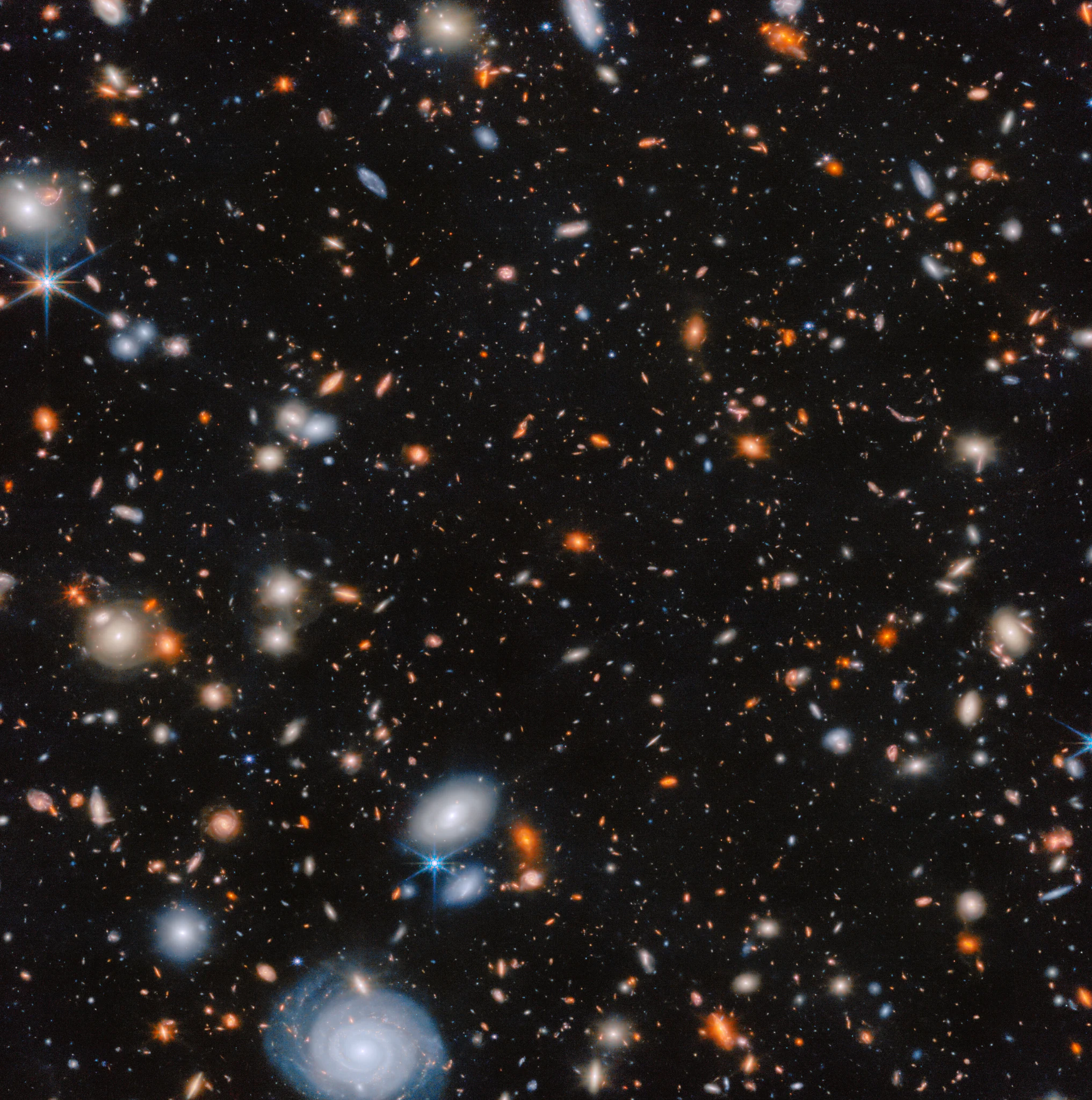 An image from the James Webb Space Telescope of many glowing galaxies in deep space, in various shapes and colors, on a black background. There are some large, blue spiral galaxies, some large and pale white elliptical galaxies, and many orange and red, medium-sized galaxies. Even smaller galaxies, down to tiny faint spots, appear in all these colors.

Image credit: ESA/Webb, NASA & CSA, G. Rihtaršič (University of Ljubljana, FMF), R. Tripodi (University of Ljubljana, FMF)