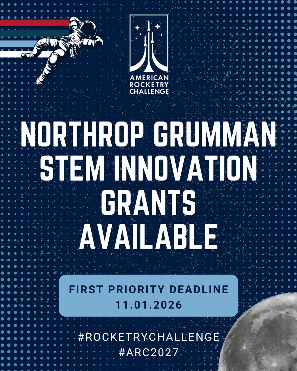 LaunchWithARC's tweet photo. 🚀 First time competing in ARC? Are you a Title I school?

You may be eligible for a Northrop Grumman STEM Innovation Grant to help launch your rocketry program!

⭐ First Priority Deadline: Nov. 1

Apply through the ARC Registration Portal! https://t.co/czM09MP2z4

#ARC2027 #RocketryChallenge