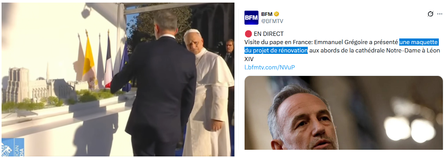JCQDSE's tweet photo. Grégoire a donc bien osé montrer la vieille maquette d'Hidalgo destinée à justifier la destruction des jardins de Notre-Dame.

Cela a duré une dizaine de secondes, durant lesquelles le Pontife n'a pas caché son désintérêt pour le sketch. 

Mais l'AFP a relayé : objectif atteint. https://t.co/Nmxb0nwam9
