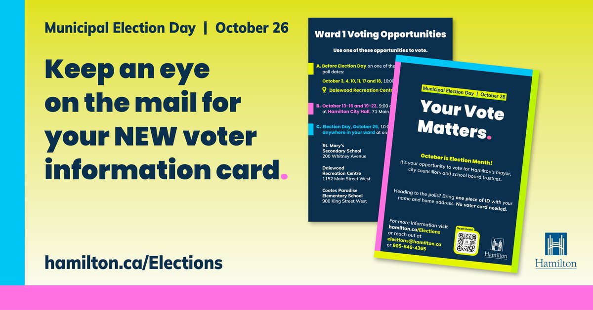 cityofhamilton's tweet photo. Keep an eye out for your voter information card.
Each household will receive one card for Hamilton’s 2026 municipal election. 

You do not need to bring it to the polls. Bring one piece of ID showing your name and qualifying address. 

Learn more: https://t.co/aCdF4W30UD https://t.co/tvyCqx5w7F