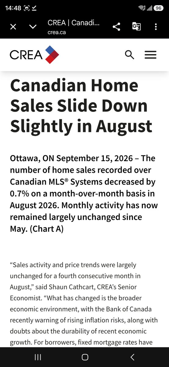RealTimeNe's tweet photo. Canada housing, last 3 years: two markets, not one.

National average sale price in August was about $668,000 — up a sliver year-over-year (+0.6%), but the mix-adjusted MLS Home Price Index is still down about 3% from a year ago. Teranet’s big-city index is down 3.6% YoY and at its lowest since April 2023. From Sept 2023 (~$730k average) to now, the national average is roughly 8–9% lower. That “national” number hides the split. 

Where prices went down:
▪️ Toronto / GTA / Hamilton / Waterloo / Fraser Valley: still the correction zone. 
Benchmarks are roughly 6–7% lower than a year ago in several southern Ontario cities and 20–30% below the 2022 peak. Condos are softer than detached. Vancouver is down about 5–7% YoY and roughly 8–12% off its peak. 
▪️ More listings, slower sales. Buyers have leverage. Sellers who need to move are cutting.
Where prices went up or heldQuebec City, Montreal, Prairies, much of Atlantic: the other Canada. Quebec City has been a standout (double-digit gains in some readings). Montreal, Regina, Saskatoon, parts of Alberta and Newfoundland have posted gains, not losses. Affordability + migration beat the high-rate hangover. 

Buying and selling right now
August sales were down 6.9% from a year earlier. New listings jumped. National sales-to-new-listings fell to about 49% — buyer-leaning, not a crash. Months of inventory around 4.8. Expensive markets: more choice, longer days on market, price cuts. Cheaper markets: tighter supply, sellers still have the upper hand. 

Impact
▪️Buyers in the GTA and Metro Vancouver: more negotiating room than in 2021–22, but payments are still heavy versus incomes.
▪️Sellers there: equity from the peak is gone; listing high and waiting is a losing strategy.
▪️Owners in Quebec/Prairies/Atlantic: paper gains continued; selling is easier.
▪️First-time buyers: slightly better prices in the expensive cities, but rates decide the payment more than the list price.

Mortgage rates: policy steady, fixed rates not
Bank of Canada overnight rate is 2.25% — held since October 2025 (seven holds). Prime sits at 4.45%. Variable mortgages are roughly 3.4–3.5%. Five-year fixed is about 4.3% on the best insured quotes, closer to 4.8%+ at the big banks. 
https://t.co/gZ9YDh82sE

Variable rates have been steady because the policy rate has not moved. Fixed rates have drifted up this year as 5-year bond yields rose. Markets are now pricing a possible hike as soon as Oct. 28. CREA’s line: the hike is “back on the table” and already showing up in fixed pricing. Direction from here is not “rates keep falling.” It’s hold-with-upside-risk. 

Year-end read: no national rebound. Ontario and B.C. grind sideways-to-down. The rest of the country stays firmer. If bond yields stay high or the Bank hikes, sales stall again and the expensive cities stay a buyer’s market into 2027. If yields ease, activity picks up — prices still don’t snap back to 2022. Location is the whole story.