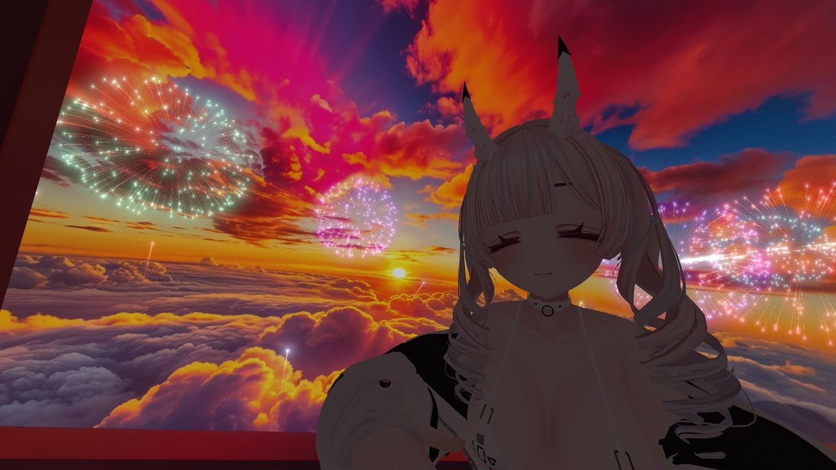 SongbirdXayah's tweet photo. Come watch some fireworks with me~ 🌅💖🎆🎇🎆

#VRChat #VRPhotography https://t.co/cuvSCYAqSH
