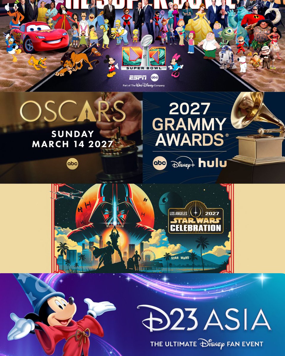 BoardwalkTimes's tweet photo. Notable events for The Walt Disney Company in 2027 so far. 

• Super Bowl 🏈
• Oscars 🎞️
• Grammys 🎶
• Star Wars Celebration 🎥
• D23 Asia 🌏🥳 https://t.co/SvaPc8rUbh