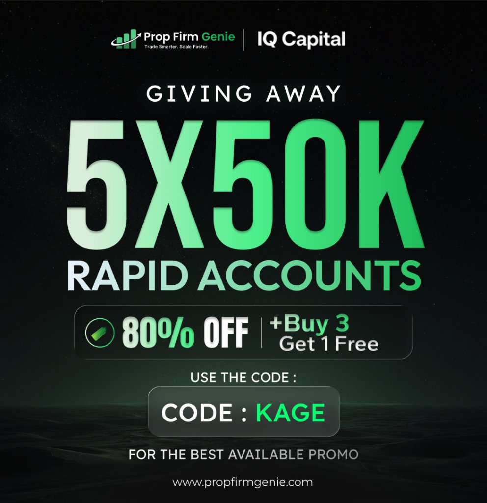 tradekage's tweet photo. 🎁 **IQ CAPITAL GIVEAWAY — 5 WINNERS!** 🎁

We’re giving away **5x IQ Capital FutureS — Rapid Challenge 50K (Daily) Accounts!** 🔥

🏆 **5 ACCOUNTS. 5 WINNERS. ANNOUNCED ON FRIDAY 10/2/2026**

**HOW TO ENTER 👇**

✅ Follow @tradekage + @IQCapital_io
❤️ **LIKE + REPOST**
👥 **TAG 3 PEOPLE**
💬 Comment **“KAGE”** below
🔗 **MUST SIGN UP USING OUR GIVEAWAY LINK**

👇 **ENTER HERE:**
https://t.co/iXj7xcn7mv

---

🔥 **PLUS — IQ CAPITAL 3+1 PROMO!**

**BUY 3 → GET 1 FREE**

⚡ Buy **3 Instant Funding Accounts → Get 1 FREE**
📈 Buy **3 Challenge Accounts → Get 1 FREE**
✅ Free account is the **same size**

That’s **4 ACCOUNTS FOR THE PRICE OF 3!** 🔥

🎟️ **CODE: KAGE**

**🔗 https://t.co/jrX15HIqMW
**
**GOOD LUCK! 🔥**