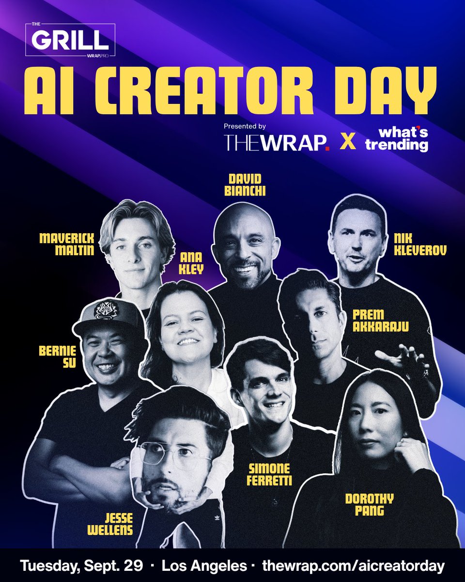 TheWrap's tweet photo. The next generation of AI and the future of the creator economy takes center stage at TheWrap and @whatstrending’s inaugural #AICreatorDay next week ⚡️

Jesse Wellens, Bernie Su, Nik Kleverov and David Bianchi join the lineup, bringing experience from AI projects for Snoop Dogg and Death Row Records, YouTube’s first Primetime Emmy wins, the first-ever AI commercial and a fully AI-generated music video for Don Diablo. 

🗓️ September 29
🎟️ $99 for the day. Apply to attend: https://t.co/iemoqEYGqY
