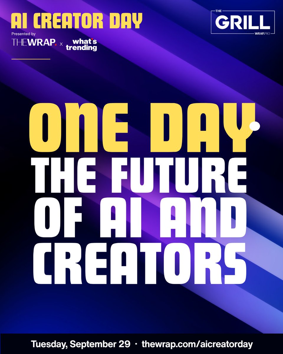 TheWrap's tweet photo. The next generation of AI and the future of the creator economy takes center stage at TheWrap and @whatstrending’s inaugural #AICreatorDay next week ⚡️

Jesse Wellens, Bernie Su, Nik Kleverov and David Bianchi join the lineup, bringing experience from AI projects for Snoop Dogg and Death Row Records, YouTube’s first Primetime Emmy wins, the first-ever AI commercial and a fully AI-generated music video for Don Diablo. 

🗓️ September 29
🎟️ $99 for the day. Apply to attend: https://t.co/iemoqEYGqY