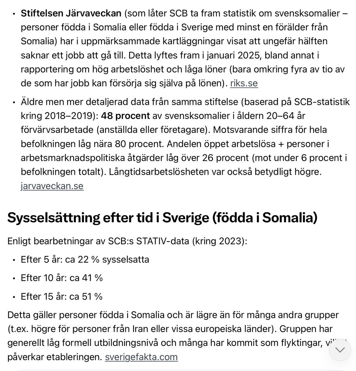ClaesL67's tweet photo. @LGard86203 @NorvellTommy Enligt stiftelsen Järvaveckan så är det runt 50% av somalierna (20-64 år) som förvärvsarbetar. https://t.co/MNgRCrSg2C