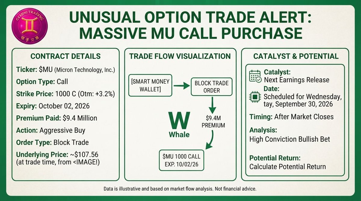 📊 $MU unusual flow — Print #29

Claimed $9.4M BLOCK buy: Oct 2 $1000 CALLS (