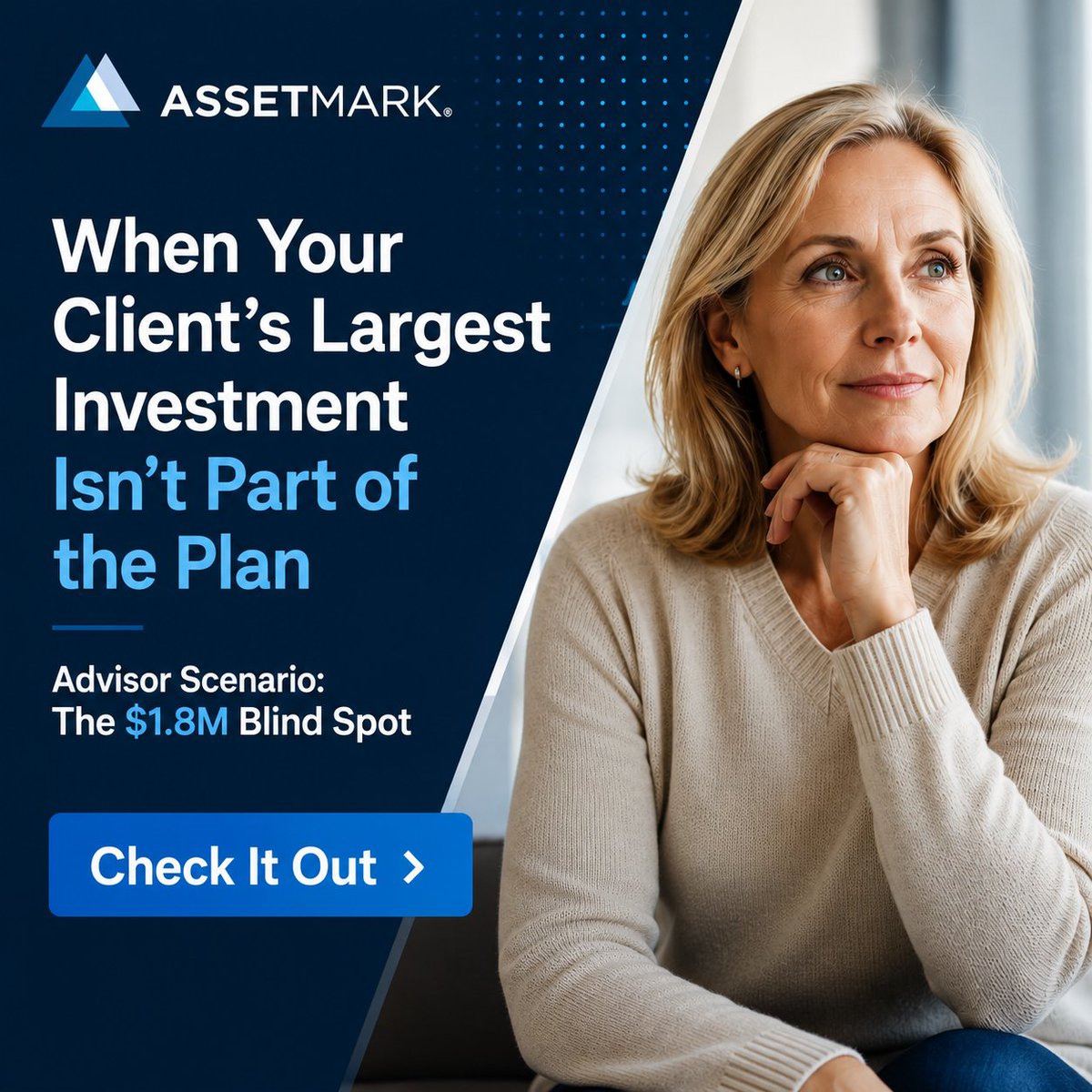 AssetMark's tweet photo. What if your client’s largest investment isn’t part of their strategy?

A client’s 401(k) has grown significantly, and it’s now her largest investment account; however, it sits outside the other advisor-managed retirement assets,

The opportunity? Incorporate the 401(k) with the rest of her portfolio to see the full retirement picture.

Because she doesn’t think about separate accounts. She thinks about one retirement.

See the advisor scenario: https://t.co/JvJ6NYHayg