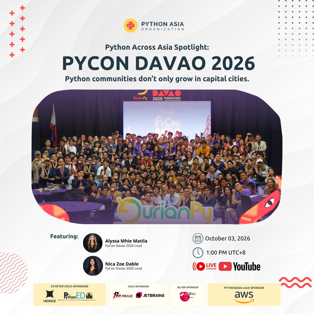 PythonAsiaOrg's tweet photo. Meet the community behind PyCon Davao 🇵🇭

Join Nica Zoe Dable &amp; Alyssa Mhie Matila on #PythonAcrossAsia Episode 2 and learn from the community they’re building in Davao.

🎙 Oct 3 · 1 PM UTC+8
Then join PyCon Davao:
📅 Oct 17–18
🎟️ https://t.co/YqydAuHT1K https://t.co/xg0OYTHu1e