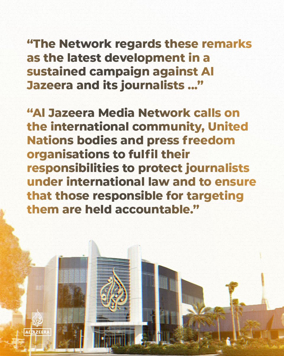 AJEnglish's tweet photo. Al Jazeera Media Network categorically rejects the remarks made by Israel's Prime Minister Benjamin Netanyahu at the United Nations General Assembly (UNGA), where he described Al Jazeera as a "toxic" media outlet. https://t.co/ewRvoiqpxv