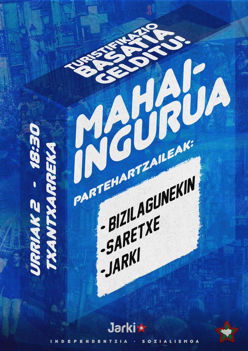 JosebaAlvarez's tweet photo. GALDU EZIN DAITEKEEN MAHAI INGURUA... 

Donostiak pairatzen ari duen turistifikazio prozesuaren inguruan sakontzeko mahai-inguru bat antolatu du *Jarki* antolakundeak *Bizilagunekin* eta *Saretxe* etxebizitza sindikatuaren parte hartzearekin.

🗓️Urriak 2
🕡18:30
📍Txantxarrekan https://t.co/Gq7j6aYbfn