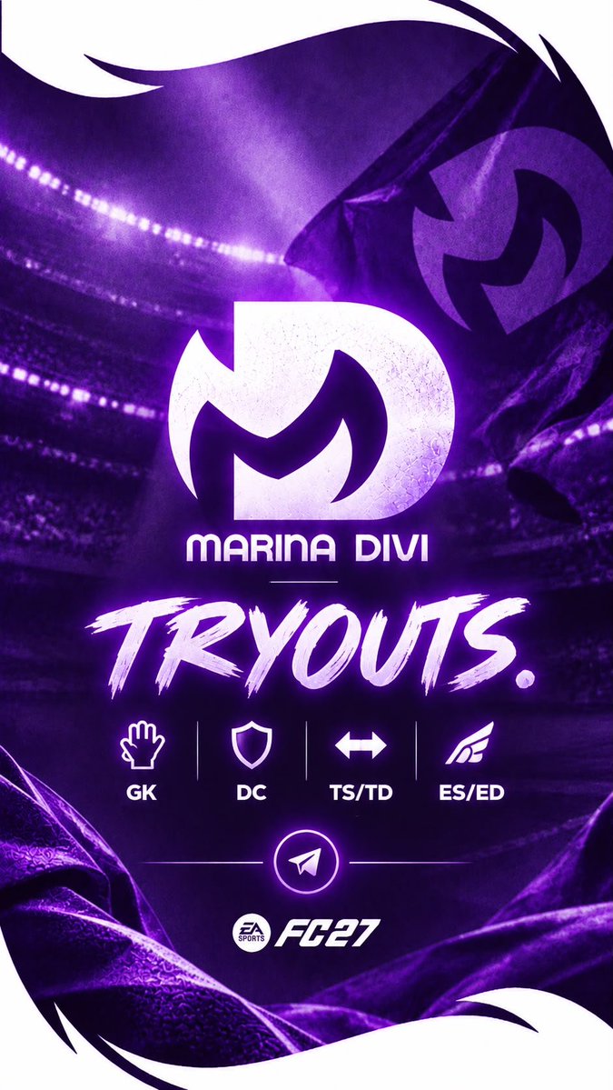 MarinaDiviX's tweet photo. 🔥 MARINA DIVI | TRYOUTS FC27

Ricominciamo da qui. 💜

Dopo una stagione di promozioni, playoff, soddisfazioni e una finale eLudo, il progetto competitivo riparte.

Cerchiamo nuovi player per FC27:
🧤 GK
🛡️ DC
↔️ TS/TD
⚡ ES/ED

18+ • Disponibilità immediata • 

DM INTERESSATI https://t.co/cS3cdJx01C