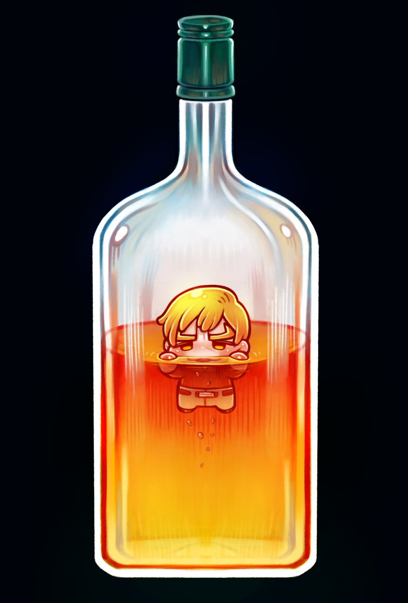 13shiney's tweet photo. アイリッシュ漬けになってるアイリッシュさん
瓶の中でぷこぷこしてるアイリッシュさんが描きたかったんじゃ…
ウィスキー全般にいえるんだけどあの蜂蜜とか琥珀みたいな色がとても綺麗で好き
瓶塗るのムズ過ぎる～ https://t.co/w0n29xSbNG