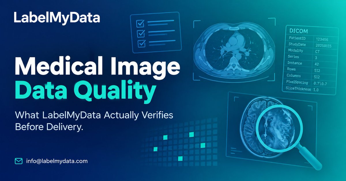 Labelmydata's tweet photo. Medical image data quality — what LabelMyData actually verifies before delivery. Metadata checks, confirmed de-identification, protocol consistency. DICOM-native, QC-verified.

📩 info@labelmydata.com

#MedicalAI #MedicalImaging #DataQuality #RadiologyAI #DICOM #HealthTech https://t.co/z9OcM4QHAJ