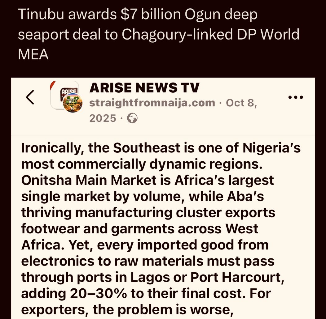 AloyEjimakor's tweet photo. The approval of the $7 billion Gateway Deep Seaport in Ogun State stands in stark contrast to the persistent underfunding of maritime infrastructure in Eastern Nigeria.

A fraction of this $7 billion allocation would comfortably dredge the Atlantic and revitalize existing eastern ports like Port Harcourt and Calabar, or even establish a dedicated seaport for the Southeast.

This systematic reluctance to fund far less expensive maritime developments in Southeast, despite the commercial ingenuity of Ndigbo, underscores the ongoing economic marginalization and structural neglect directed against the region since the end of the civil war.