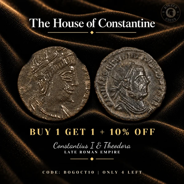 KinzerCoins's tweet photo. The House of Constantine, buy 1 get 1 plus 10% off.

Constantius I, founder of the Constantinian dynasty, paired with his wife Theodora. Only 4 sets left, code BOGOCT10.

https://t.co/Eykz0Rfbzf

#AncientCoins #RomanEmpire https://t.co/qXHqVRPaWX