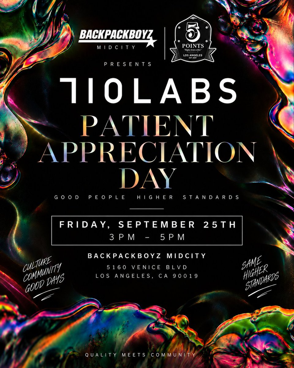 LA_backpackboyz's tweet photo. 710 LABS PATIENT APPRECIATION DAY TODAY 🔥 
3pm-5pm 
📍 5160 Venice Blvd Los Angeles, CA 90019 https://t.co/gTvD7kFaKO