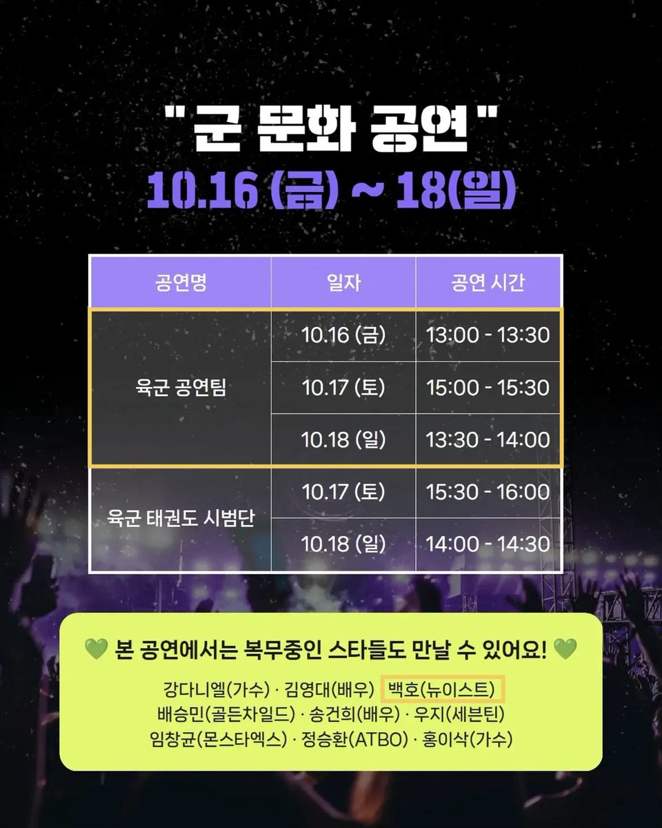 baekho_zip's tweet photo. 260926 칠곡낙동강평화축제 인스타 #백호

✅ 날짜 : 26.10.16(금) ~ 26.10.18(일)
✅ 장소 : 칠곡보생태공원, 칠곡보오토캠핑장, 왜관읍 중앙로 일원

✅ 육군 공연팀
10/16(금) 13:00-13:30
10/17(토) 15:00-15:30
10/18(일) 13:30-14:00

🔗 https://t.co/Su6Bam4IBj

#강동호 #BAEKHO #KANGDONGHO https://t.co/9HJQEpTm3N