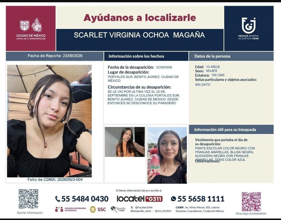 i_alaniis's tweet photo. LOCALIZAN EN VERACRUZ A SCARLET OCHOA, desaparecida en #CDMX 

El rastro de la adolescente de 13 años se perdió en la colonia Portales, en  @BJAlcaldia, el pasado 22 de septiembre 

Su familia bloqueó las calles para exigir su localización. 

La menor denunció violencia en casa

Ella, afortunadamente, está bien. @PDI_FGJCDMX la trasladará a Ciudad de México