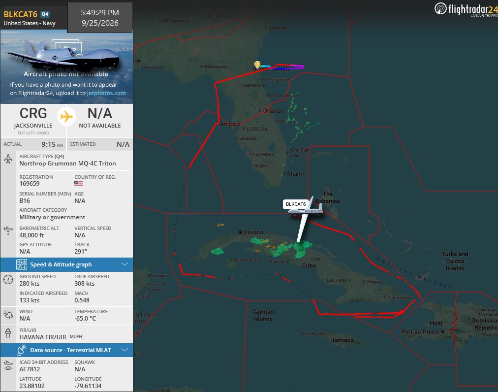 FlconEYES's tweet photo. #BLKCAT Servicio de Drone activo de @USNAVY
169659 | AE7812
Vuelo alrededor de la isla de #Cuba, con doble pasada al Sur de la isla región de #SantiagodeCuba a #PuntaMaisí
#Now #ADSB #cuavion #Cuba #25Sept https://t.co/SFov3XrdDu
