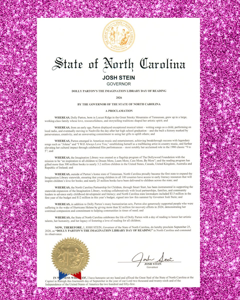 NC_Governor's tweet photo. In honor of Dolly Parton’s life and work, it is an honor to proclaim 9/25 “9 to 5 Day – or Dolly Parton’s Imagination Library Day of Reading.”

Dolly Parton’s Imagination Library has helped millions of children discover the joy of reading, including more than 240,000 children across North Carolina. Her generosity has also made a difference for families in western North Carolina recovering from Hurricane Helene.

Dolly has left an incredible mark on our state and on generations of children, and it’s an honor to recognize her legacy.