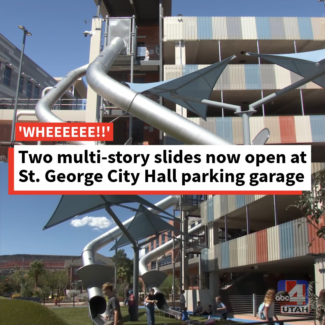 abc4utah's tweet photo. If you happen to pass by a four-story slide attached to St. George City Hall's parking garage, do not adjust your glasses or do a double take.   

Yes! The slides are really there, there are really two of them, and now, they are open.

Read more: https://t.co/J2wPFe1Yuh https://t.co/bAtC9o85wr