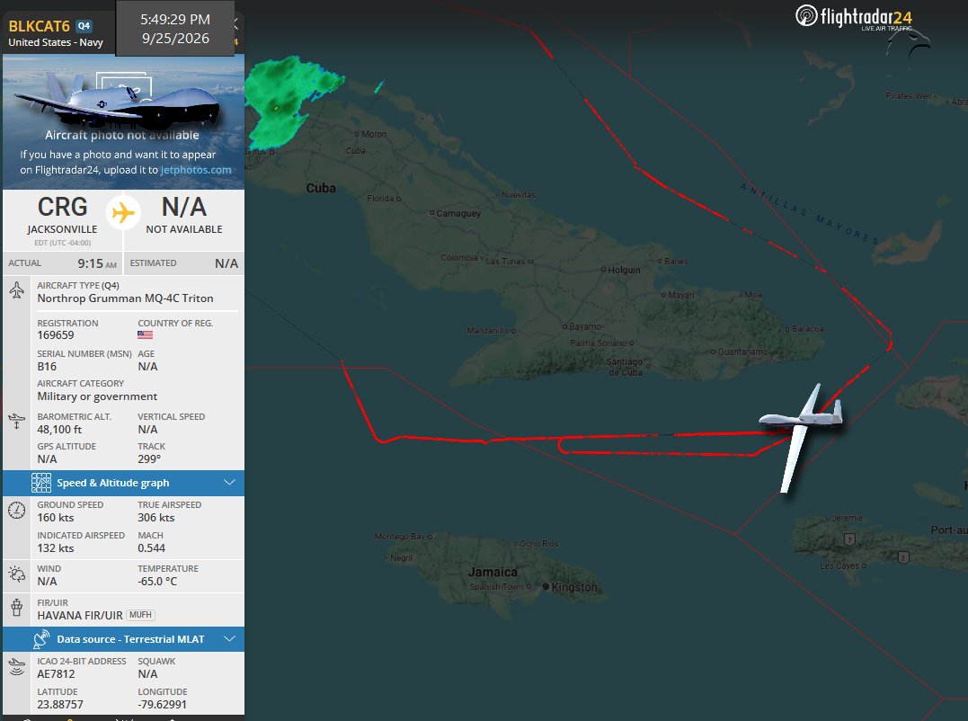FlconEYES's tweet photo. #BLKCAT Servicio de Drone activo de @USNAVY
169659 | AE7812
Vuelo alrededor de la isla de #Cuba, con doble pasada al Sur de la isla región de #SantiagodeCuba a #PuntaMaisí
#Now #ADSB #cuavion #Cuba #25Sept https://t.co/SFov3XrdDu