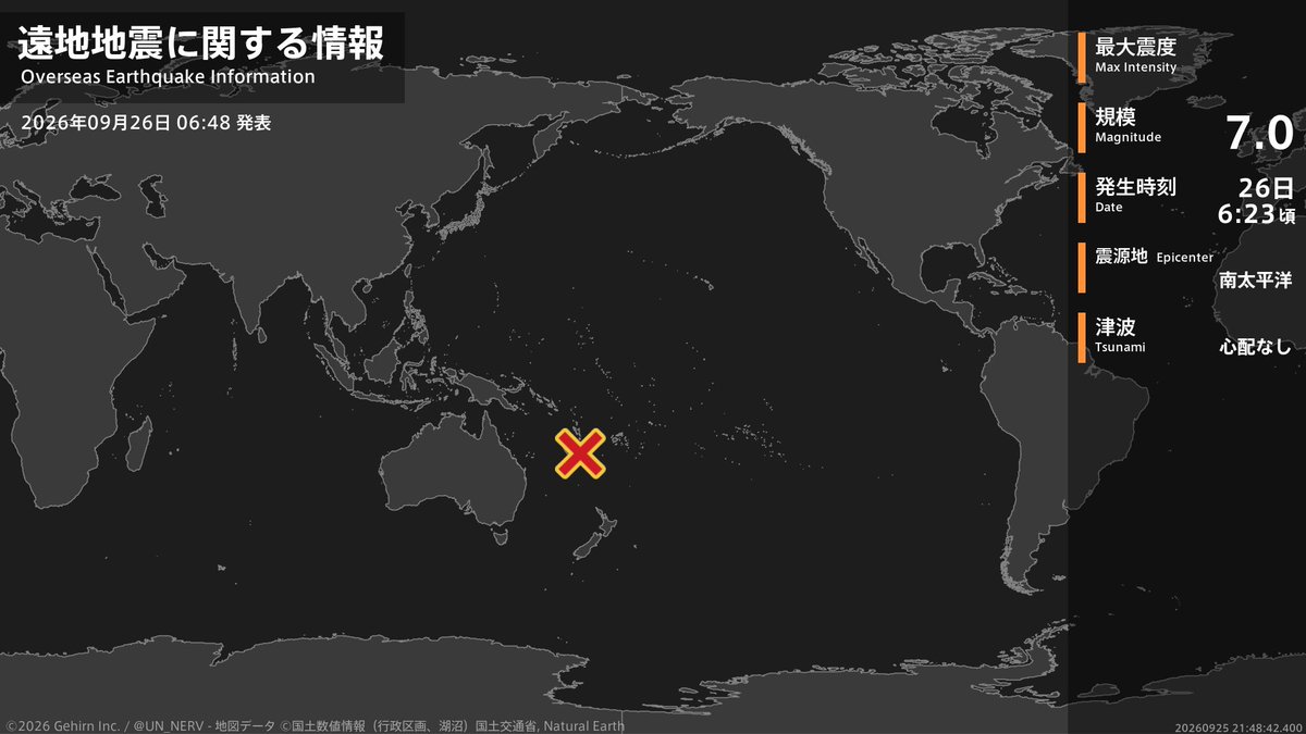 UN_NERV's tweet photo. 【地震情報（海外） 2026年09月26日】
日本時間の26日6時23分頃、南太平洋（ローヤリティー諸島）でM7.0の地震がありました。震源の近傍で津波発生の可能性があります。
この地震による日本への津波の影響はありません。 https://t.co/6j14CuF1kZ