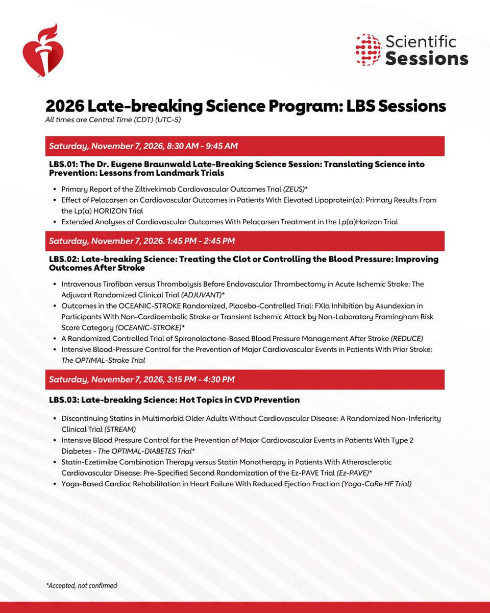 AHAScience's tweet photo. 📣Announcing #ScientificSessions26 Late-Breaking Science. 

Join us in November to experience the highest tier of scientific discovery and practice-changing educational content. 
 
📍Chicago, Nov 6-9 

@JoChikweMD @bnallamo https://t.co/RdlIaNylGg