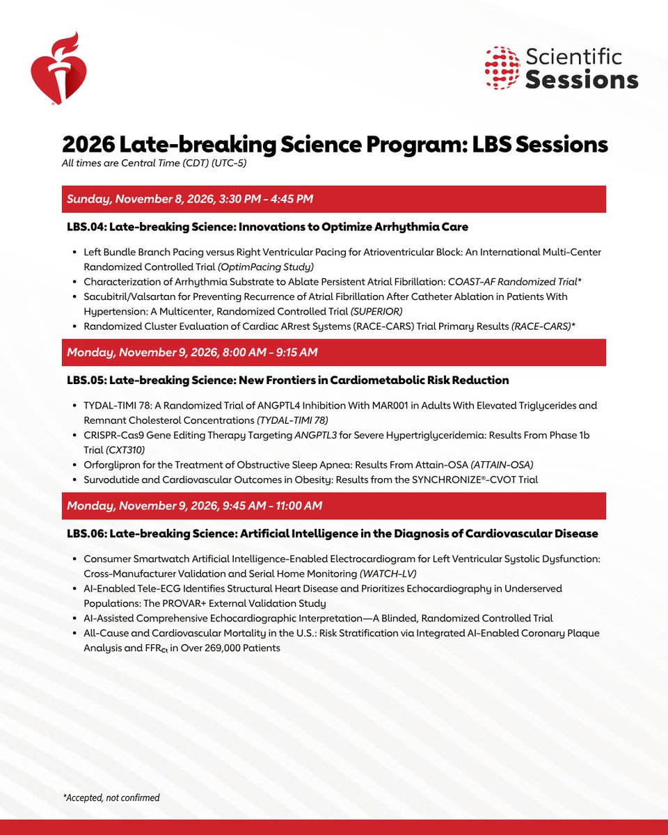 AHAScience's tweet photo. 📣Announcing #ScientificSessions26 Late-Breaking Science. 

Join us in November to experience the highest tier of scientific discovery and practice-changing educational content. 
 
📍Chicago, Nov 6-9 

@JoChikweMD @bnallamo https://t.co/RdlIaNylGg